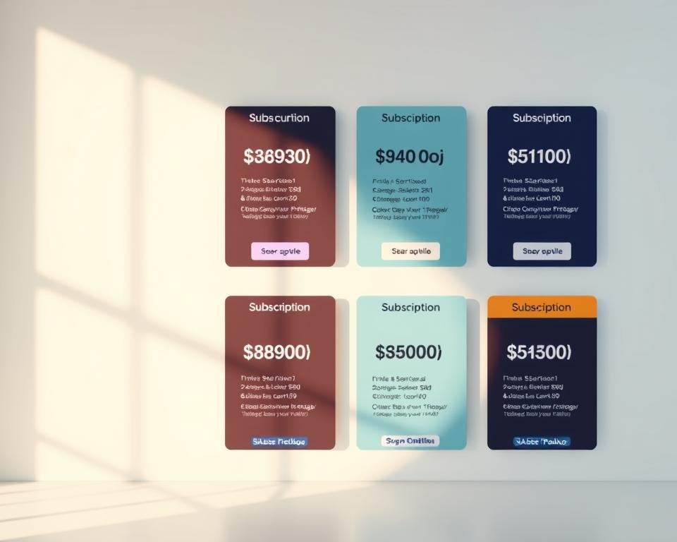 A well-lit, high-quality image showcasing various subscription package duration options against a clean, minimalist background. The packages are presented in a grid-like layout, each with a distinct design and color scheme to represent different tiers or durations. The packages are displayed with clear, legible typography and icons, conveying a sense of professionalism and attention to detail. The overall composition is visually balanced, with a focus on the subscription package details to highlight the different duration options available. The lighting is soft and diffused, creating a warm, inviting atmosphere that complements the sleek, modern aesthetic of the image.