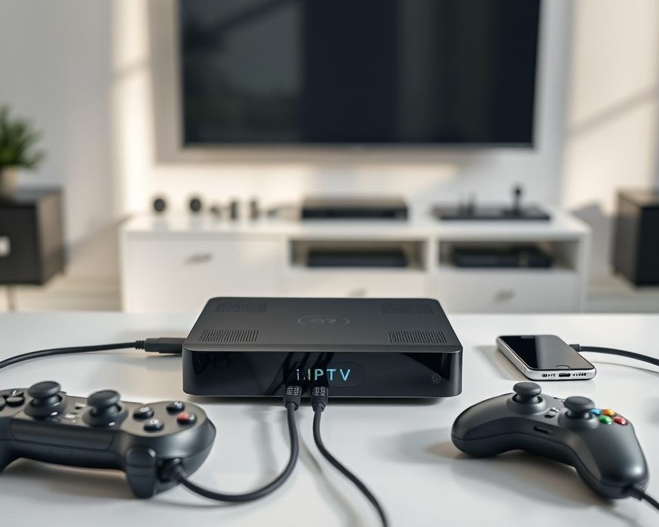 A well-lit, high-resolution image of an IPTV device and various compatible gadgets arranged on a clean, minimalist table. The IPTV device is the focal point, surrounded by a smart TV, gaming console, and smartphone, all connected through sleek cables. The background is slightly blurred, creating a sense of depth and emphasizing the set-up. The lighting is natural and diffused, highlighting the modern, high-tech aesthetic. The overall mood is professional, informative, and visually appealing, conveying the ease of IPTV device compatibility and setup.