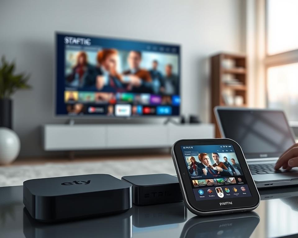 A well-lit, high-resolution image showcasing a variety of compatible devices for streaming entertainment. In the foreground, a sleek smart TV, a modern streaming box, and a smartphone display a vibrant, high-quality video feed. In the middle ground, a laptop and a tablet demonstrate the versatility of the streaming service, allowing users to access content on multiple devices. The background features a minimalist, contemporary living room setting, emphasizing the seamless integration of these devices into a home entertainment setup. The overall composition conveys a sense of technological sophistication and the ability to enjoy a seamless streaming experience across multiple platforms. A well-lit, high-resolution image showcasing a variety of compatible devices for streaming entertainment. In the foreground, a sleek smart TV, a modern streaming box, and a smartphone display a vibrant, high-quality video feed. In the middle ground, a laptop and a tablet demonstrate the versatility of the streaming service, allowing users to access content on multiple devices. The background features a minimalist, contemporary living room setting, emphasizing the seamless integration of these devices into a home entertainment setup. The overall composition conveys a sense of technological sophistication and the ability to enjoy a seamless streaming experience across multiple platforms.