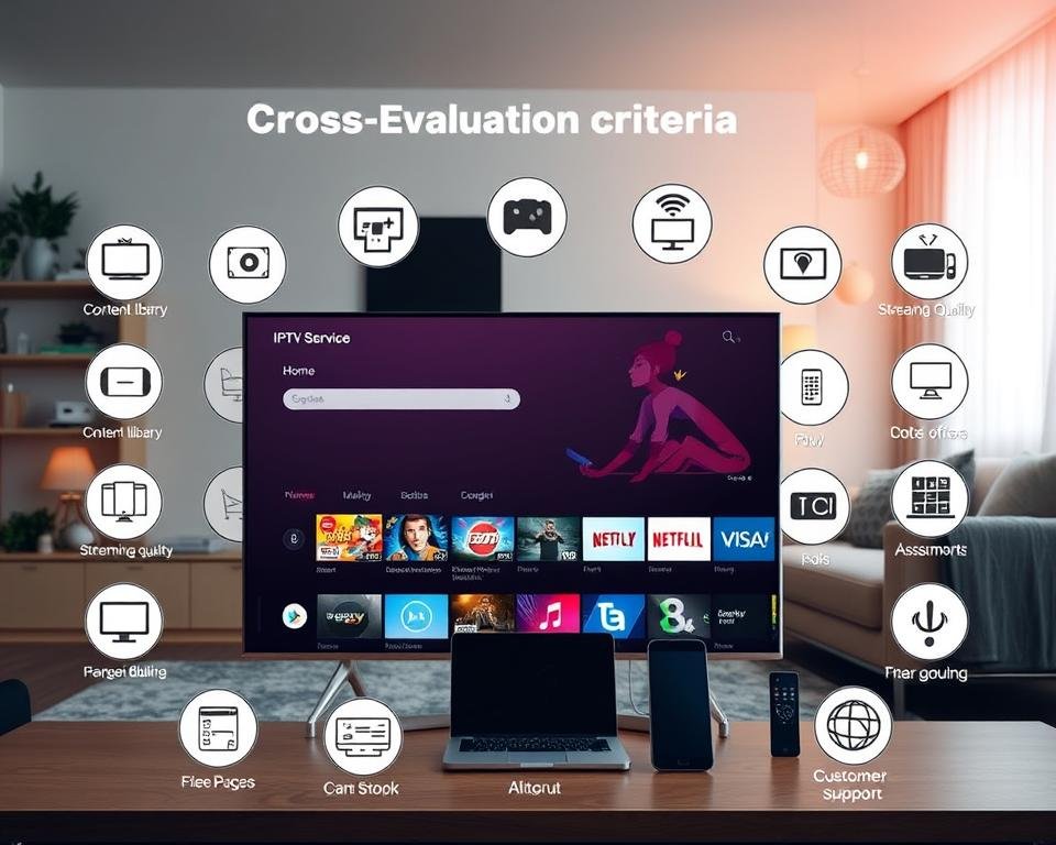 A well-lit, high-resolution image showcasing the key evaluation criteria for a top-rated IPTV service in the UK. In the foreground, a sleek, modern smart TV displays a clean, minimalist user interface with a focus on intuitive navigation and content discovery. Surrounding the TV, an arrangement of icons representing essential features like content library, streaming quality, device compatibility, and customer support. In the middle ground, a laptop and mobile device demonstrate cross-platform accessibility, while in the background, a cozy living room setting evokes a comfortable home entertainment experience. The overall mood is professional, informative, and tailored to the needs of UK-based IPTV consumers.