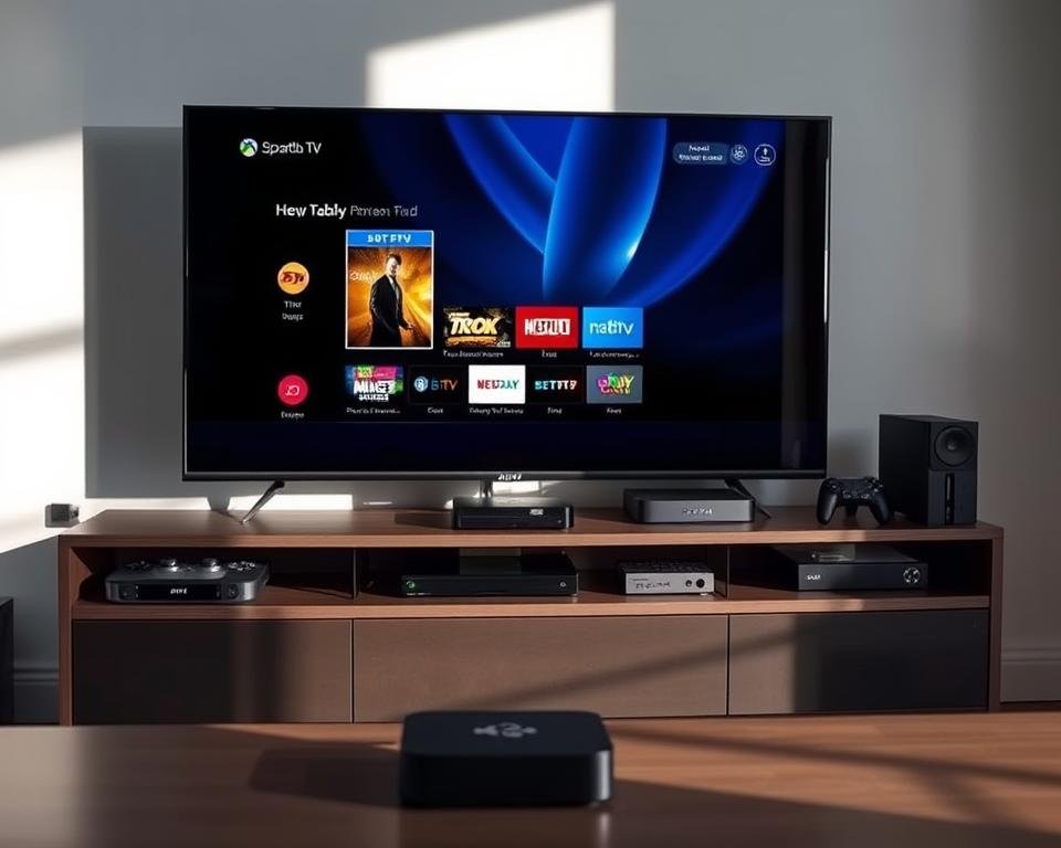 A well-lit home entertainment setup with various streaming devices neatly arranged on a modern, minimalist TV stand. In the foreground, a sleek smart TV takes center stage, its screen displaying a vibrant 4K interface. Surrounding it, an array of devices including a streaming box, gaming console, and compact media player, each meticulously positioned to create a harmonious, visually appealing composition. The lighting is soft and natural, accentuating the clean lines and muted tones of the setup. The overall atmosphere conveys a sense of technological sophistication and seamless integration, perfectly suited for the "Compatible Devices for Seamless Streaming" section of the article.