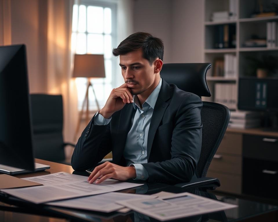 A well-lit home office setting, a desktop computer, and various research materials and documents laid out neatly on the desk. A person, dressed professionally, sits in an ergonomic chair, deep in thought, carefully evaluating the information before making a purchasing decision. The lighting is soft and diffused, creating a contemplative atmosphere. The background is blurred, placing the focus on the individual's pensive expression and the decision-making process. The overall scene conveys a sense of diligence, thoughtfulness, and an informed approach to making a significant purchase.
