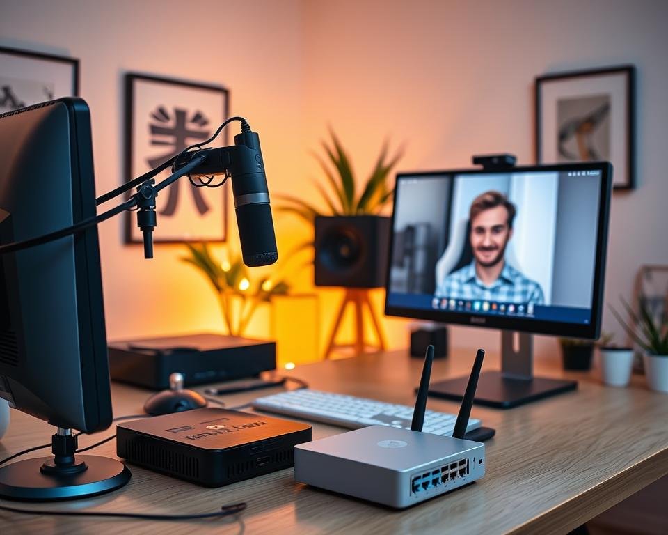 A well-lit home office setup with a sleek desktop computer, a high-quality webcam, and a professional-grade microphone. The desk is organized, with a secure VPN router and network switch neatly arranged. The lighting is warm and inviting, creating a cozy atmosphere. The walls are adorned with minimalist art, conveying a sense of sophistication. The user is seated comfortably, their face visible on the monitor, indicating a seamless video conferencing experience. The overall scene suggests a secure and optimized streaming setup, perfect for a reliable IPTV experience.