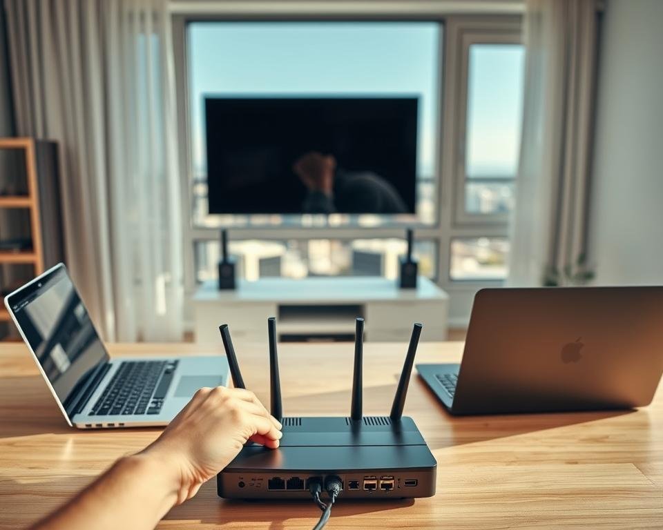 A well-lit home office with a laptop, a router, and a smart TV prominently displayed. In the foreground, a person's hands are carefully connecting an ethernet cable between the router and the TV, symbolizing the IPTV installation process. The background features a window overlooking a cityscape, suggesting a modern urban setting. The overall atmosphere is one of focus and attention to detail, with a clean, minimalist aesthetic. The lighting is bright and natural, creating a sense of clarity and professionalism.