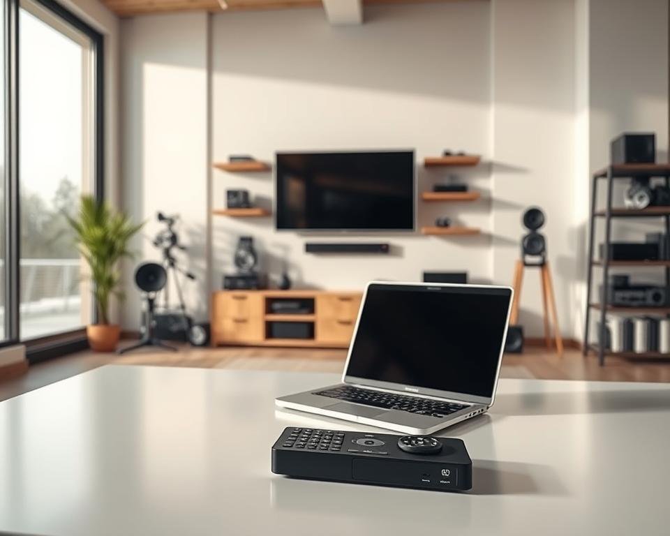 A well-lit interior scene depicting a modern home office setup. In the foreground, a laptop, remote control, and IPTV streaming device are prominently displayed on a clean, minimalist desk. The middle ground showcases a flat-screen TV mounted on the wall, surrounded by shelves housing various media and networking equipment. The background features large windows allowing natural light to flood the space, creating a bright and inviting atmosphere. The overall composition emphasizes the seamless integration of technology, showcasing a comprehensive IPTV setup ready for optimal home entertainment and media consumption.