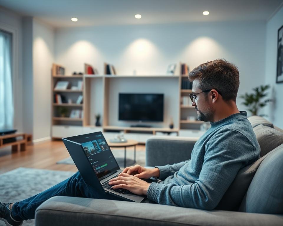 A well-lit interior scene depicting a person responsibly engaging in legal IPTV streaming practices. In the foreground, a person sits comfortably on a couch, laptop open, navigating through a streaming service interface. The middle ground showcases a modern, minimalist living room with clean lines and neutral tones. In the background, a bookshelf or wall-mounted media unit highlights the legal nature of the content being accessed. Soft, diffused lighting creates a calming, professional atmosphere, conveying the importance of safe and lawful streaming habits.