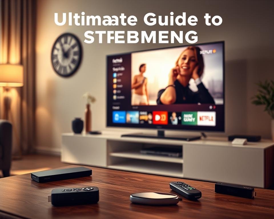 A well-lit living room setup with a modern smart TV prominently displayed on a sleek media console. A high-quality streaming device, such as a Roku or Fire TV Stick, is neatly integrated into the setup, connected to the TV via HDMI. Surrounding the TV, various remote controls and a smartphone are arranged, suggesting the seamless control of the streaming experience. The room's ambiance is warm and inviting, with soft lighting and tasteful decor, creating an immersive and comfortable environment for enjoying streaming content. The overall composition conveys a sense of technological sophistication and user-friendliness, reflecting the "Ultimate Guide to Streaming" theme.