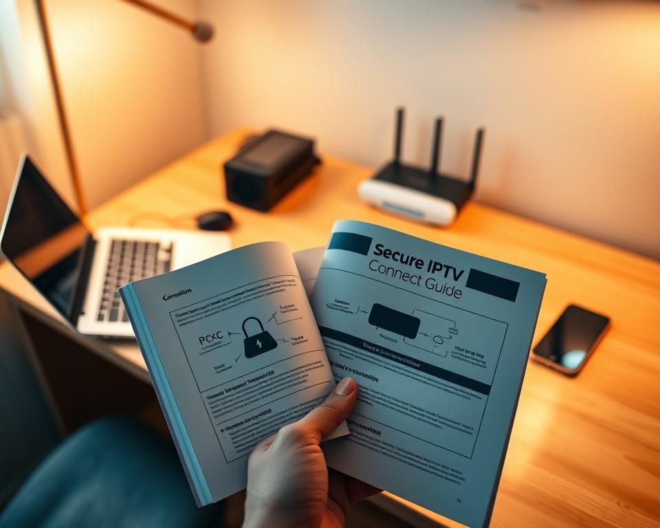 A well-lit, minimalist home office setup with a laptop, smartphone, and network router on a clean, wooden desk. The desk is illuminated by warm, soft lighting from a floor lamp in the background, casting a cozy glow. In the foreground, a hand holding a secure IPTV connection guide, its pages filled with diagrams and instructions. The atmosphere conveys a sense of digital safety and productivity, with a focus on the key elements needed for a reliable, protected IPTV experience. A well-lit, minimalist home office setup with a laptop, smartphone, and network router on a clean, wooden desk. The desk is illuminated by warm, soft lighting from a floor lamp in the background, casting a cozy glow. In the foreground, a hand holding a secure IPTV connection guide, its pages filled with diagrams and instructions. The atmosphere conveys a sense of digital safety and productivity, with a focus on the key elements needed for a reliable, protected IPTV experience.