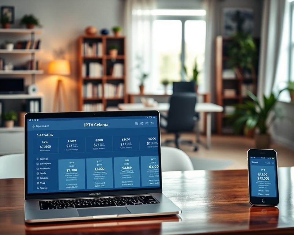 A well-lit, modern home office setting with a laptop computer and mobile device prominently displayed on a polished wooden desk. In the foreground, various IPTV subscription options and packages are presented as sleek, minimalist digital interfaces on the screens, showcasing a range of channel lineups, pricing tiers, and subscription periods. The middle ground features bookshelves, potted plants, and other accents that evoke a professional yet welcoming atmosphere. The background is slightly blurred, emphasizing the focal point of the IPTV options. The overall scene conveys a sense of efficiency, technology, and the convenience of customizable IPTV services. A well-lit, modern home office setting with a laptop computer and mobile device prominently displayed on a polished wooden desk. In the foreground, various IPTV subscription options and packages are presented as sleek, minimalist digital interfaces on the screens, showcasing a range of channel lineups, pricing tiers, and subscription periods. The middle ground features bookshelves, potted plants, and other accents that evoke a professional yet welcoming atmosphere. The background is slightly blurred, emphasizing the focal point of the IPTV options. The overall scene conveys a sense of efficiency, technology, and the convenience of customizable IPTV services.
