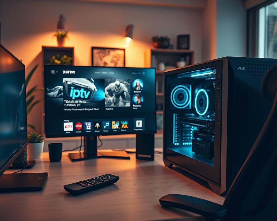 A well-lit, modern home office setup featuring a high-end IPTV streaming system. In the foreground, a sleek 4K TV displays the IPTV interface, its remote control within reach. On the desk, a powerful gaming PC with multiple ports and connections, surrounded by minimalist accessories. In the background, bookshelves and potted plants create a cozy, productivity-enhancing atmosphere. Warm, indirect lighting illuminates the scene, creating a professional yet comfortable setting for seamless IPTV setup and use.