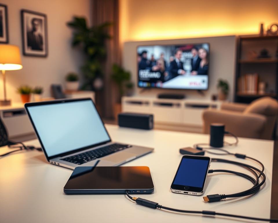 A well-lit modern home office with a laptop, tablet, and smartphone prominently displayed on a clean, minimal desk. In the background, various HDMI and network cables are visible, suggesting a setup for an IPTV service. The room has a warm, inviting atmosphere with soft lighting and a cozy, comfortable feel. The overall impression conveys the ease and convenience of setting up an IPTV service on multiple devices in a home environment.