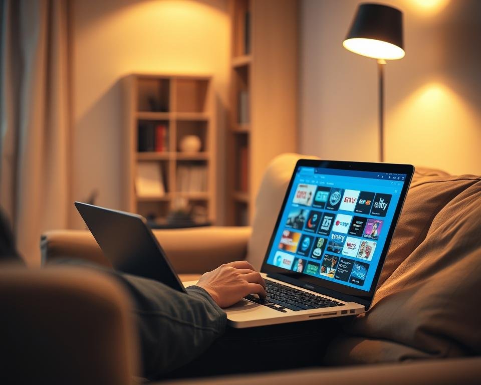 A well-lit, modern living room setting with a person sitting on a comfortable sofa, laptop open on their lap, thoughtfully considering their options for various UK IPTV streaming providers displayed on the screen. Soft, warm lighting illuminates the scene, creating a cozy and contemplative atmosphere. In the background, a bookshelf or decorative elements suggest a lived-in, homely environment. The overall composition conveys the act of researching and selecting the right IPTV service to meet the user's needs.