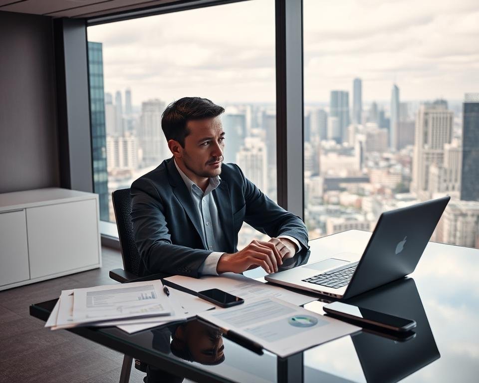 A well-lit, modern office interior with a businessman sitting at a desk, intently studying options on a laptop screen. Behind him, a large window offers a scenic view of a bustling city skyline. On the desk, various documents, reports, and a smartphone suggest the deliberation process of choosing the right IPTV provider. The scene conveys a sense of thoughtful consideration, with the businessman's focused expression and the surrounding details hinting at the importance of this decision.