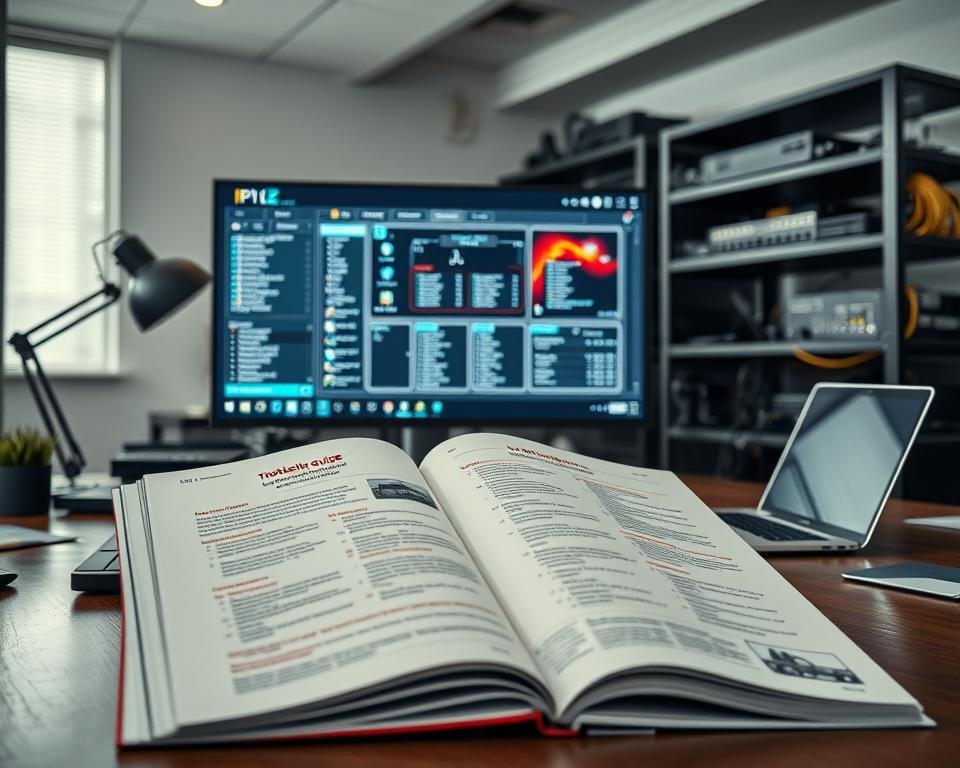 A well-lit modern office workspace with a desk, laptop, and various tech accessories. In the foreground, a hands-on troubleshooting guide for IPTV systems is open, showcasing step-by-step instructions and diagrams. The middle ground features a large monitor displaying a detailed IPTV configuration interface, while the background shows shelves of networking equipment and cables, conveying a sense of a professional IT environment. The overall mood is one of focused problem-solving and technical expertise.