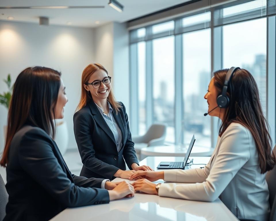 A well-lit office interior with a customer service agent dressed in a professional outfit assisting a customer at their desk. The agent's face is warm and welcoming, their body language open and attentive. The customer appears grateful and satisfied. The background features a modern, minimalist design with sleek furniture and a large window overlooking a cityscape. Soft, diffused lighting creates a calming atmosphere. The scene conveys efficient, friendly, and reliable customer support.