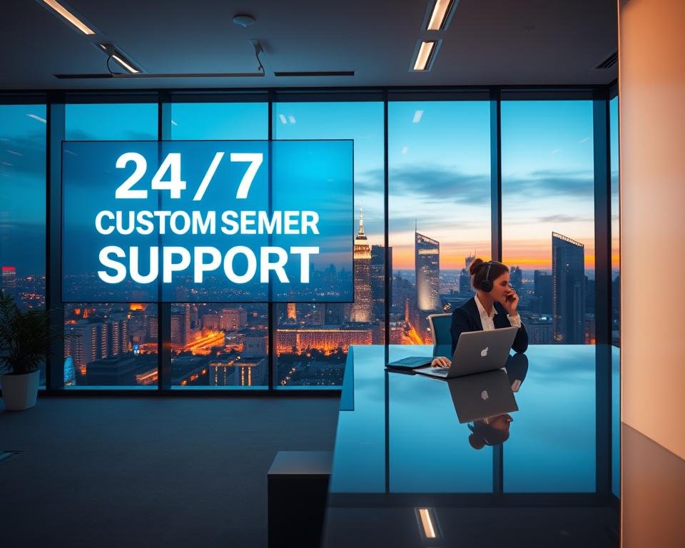 A well-lit office interior, with a modern, minimalist design. In the foreground, a customer service representative seated at a sleek, glass-topped desk, headset on, attentively taking a call. The middle ground features a large, digital wall display showcasing "24/7 CUSTOMER SUPPORT" in bold, glowing text. The background is a panoramic window overlooking a bustling city skyline, bathed in the warm glow of dusk. The overall atmosphere is one of efficiency, professionalism, and unwavering availability, perfectly capturing the essence of a reliable, around-the-clock customer support service.