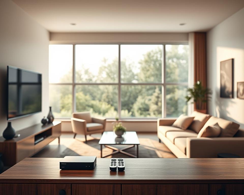A well-lit, spacious living room with a modern flat-screen television mounted on the wall. In the foreground, an elegant entertainment stand holds a streaming device, cable box, and remote controls. The middle ground features a comfortable sofa and armchair, with a sleek coffee table in between. The background showcases large windows allowing natural light to flood the room, creating a warm and inviting atmosphere. The overall scene conveys a seamless, effortless streaming setup process, ready to provide an immersive 4K viewing experience.