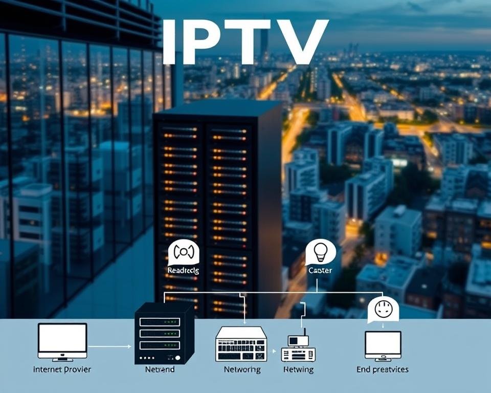 A well-lit, technical diagram showcasing the key components and infrastructure of an IPTV system. The foreground features a simplified schematic of an IPTV network, with icons representing the internet service provider, video headend, content distribution network, and end-user devices. The middle ground depicts server hardware, routers, and networking equipment in a data center setting, conveying the backbone of IPTV delivery. The background showcases a cityscape with residential and commercial buildings, highlighting the widespread distribution and accessibility of IPTV services. The overall scene has a clean, professional, and informative aesthetic, suitable for illustrating the technical requirements and inner workings of IPTV technology.
