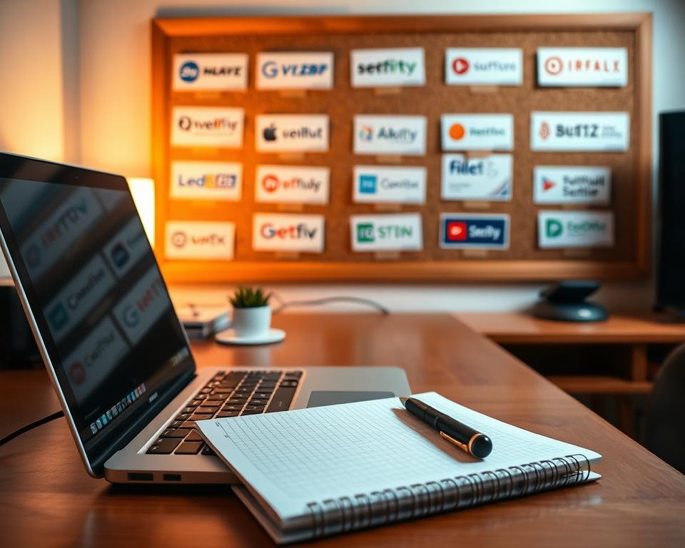 A well-organized desk with a laptop, a notebook, and a pen neatly arranged. The lighting is soft and diffused, creating a warm, focused atmosphere. In the background, a cork board displays various IPTV service provider logos and subscription details, meticulously organized. The scene conveys a sense of preparation and attention to detail, perfectly suited for the "Essential Preparations Before You Begin" section of the article.