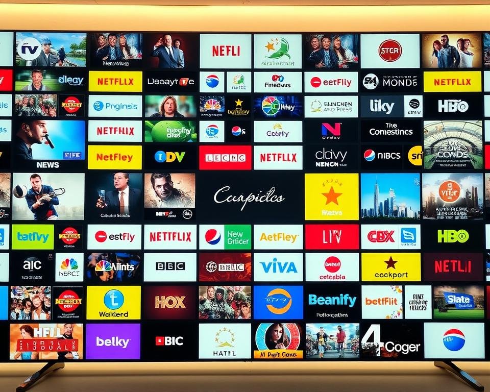 A wide selection of UK television channels arranged in a visually appealing grid layout, showcasing a diverse range of entertainment options. The channels are displayed with clear, vibrant icons and crisp, high-resolution thumbnails, creating a clean and organized visual representation. The layout is illuminated by soft, diffused lighting, creating a warm and inviting atmosphere. The channels are grouped by category, such as news, sports, movies, and entertainment, allowing for easy navigation and selection. The overall composition conveys a sense of abundance and variety, reflecting the extensive channel line-up and on-demand content available to UK viewers.