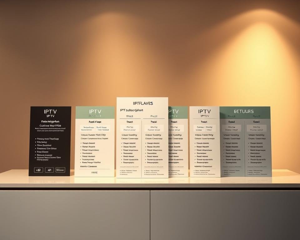 An array of elegant IPTV subscription plans displayed on a sleek, minimalist table against a soft, blurred background. The plans are presented in a clean, organized manner with detailed pricing options, features, and packages highlighted. The lighting is warm and inviting, creating a professional and trustworthy atmosphere. The composition is well-balanced, with the plans taking center stage and the background providing a subtle, complementary context. The overall aesthetic conveys a sense of value, reliability, and user-friendliness for the IPTV service.
