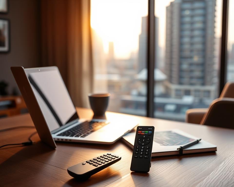 An elegant home office setup with a laptop, notebook, and a high-quality IPTV remote control on a wooden desk. The scene is bathed in warm, directional lighting, casting soft shadows and highlighting the sleek, minimalist design of the devices. In the background, a blurred cityscape view through a large window suggests a modern urban setting. The overall atmosphere conveys a sense of productivity, focus, and the ability to access live UK TV channels from abroad seamlessly.