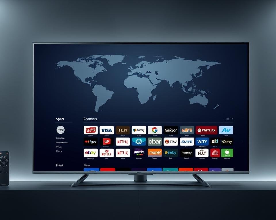 An elegantly designed dashboard showcasing the global channel selection of Viking IPTV, set against a muted, modern background. In the foreground, a sleek smart TV interface displays the diverse international content available, with channel icons and logos arranged in a visually striking grid layout. The middle ground features stylized world maps and globe icons, emphasizing the platform's worldwide reach. Subtle lighting and a minimalist color palette, predominantly grays and blues, create a sophisticated, premium feel. The overall composition conveys a sense of high-quality, seamless global entertainment at the user's fingertips.