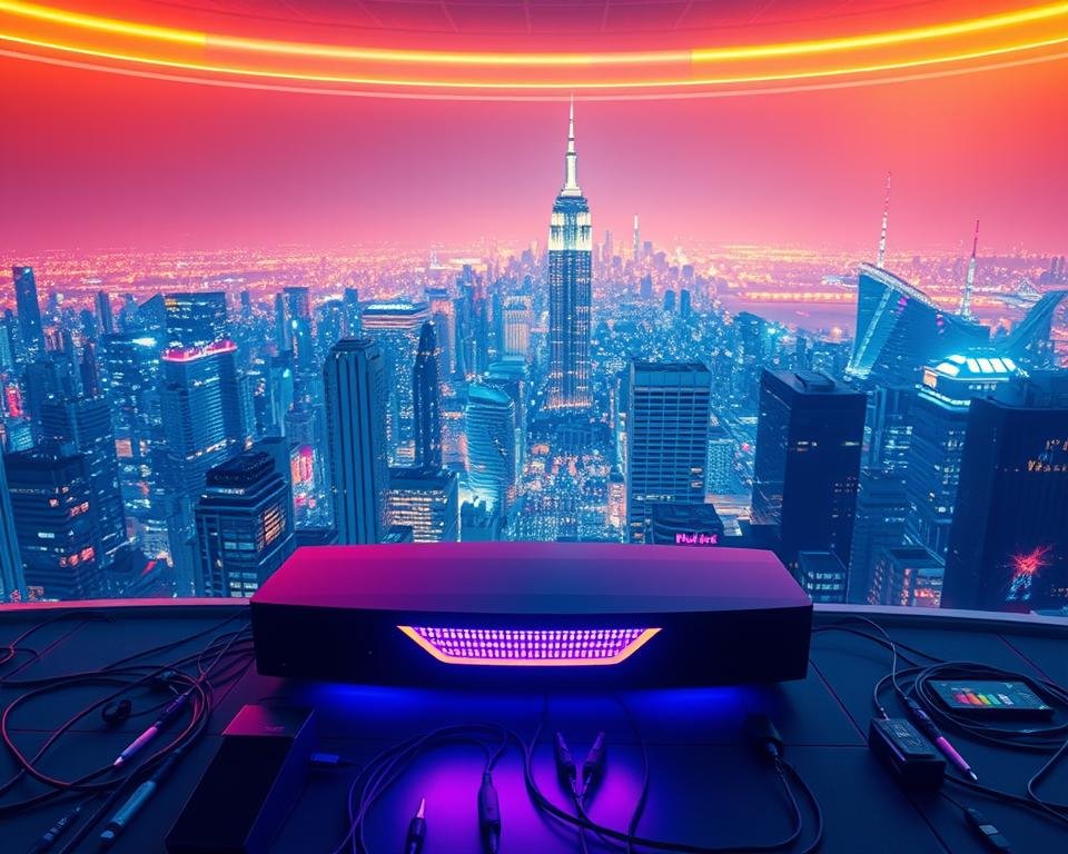 An expansive and vibrant scene of a high-performance IPTV streaming experience. In the foreground, a state-of-the-art media hub with sleek, cutting-edge design emits a soft, ambient glow. Surrounding it, a sea of dazzling HD video feeds and crystal-clear audio signals flow effortlessly, creating an immersive, cinematic atmosphere. In the background, a panoramic view of a bustling city skyline at night, illuminated by the neon lights of skyscrapers and the glow of digital displays. The entire composition is bathed in a warm, futuristic tone, conveying the unparalleled power and seamless connectivity of Xtreme HD IPTV.