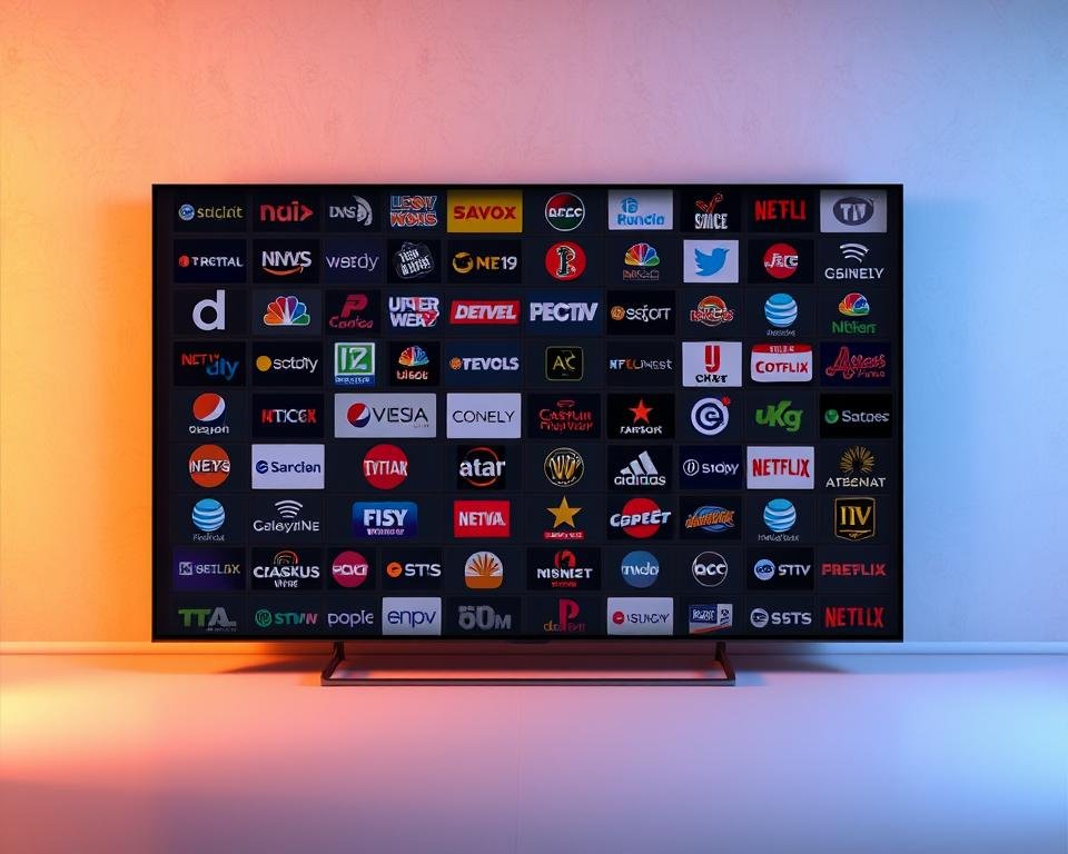 An expansive grid of high-definition television channel logos, arranged in a meticulously organized layout across a sleek, minimalist display. The logos, rendered in vivid colors and sharp details, float effortlessly against a subtly textured backdrop, creating a sense of depth and visual interest. Warm, directional lighting casts gentle shadows, adding dimension and a premium feel to the scene. The overall composition radiates a sense of comprehensive choice and premium entertainment options, perfectly suited to showcase the breadth of a premium IPTV service's channel lineup.