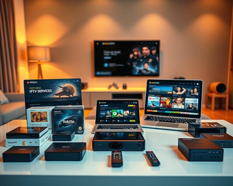 An image of the best IPTV service selection, showcasing a diverse array of options. In the foreground, a variety of IPTV packages and subscriptions are displayed on a clean, minimalist table, with sleek devices like streaming boxes and remote controls. The middle ground features a laptop or tablet displaying various IPTV service websites, highlighting their features and user reviews. In the background, a modern, well-lit home entertainment setup, with a large TV and immersive surround sound system, creates an inviting atmosphere. The lighting is soft and warm, conveying a sense of comfort and reliability. The overall composition emphasizes the breadth of IPTV service choices, catering to different needs and preferences, while also suggesting the high-quality viewing experience they can provide.