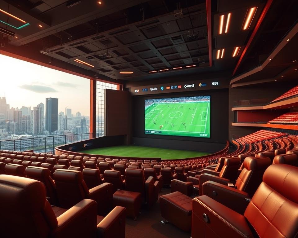An immersive sports stadium with a massive video screen displaying a live football match, surrounded by rows of plush leather seating and modern lighting fixtures. In the foreground, a high-tech streaming interface showcases premium sports content, with sleek icons and a minimalist design. The background features a panoramic view of the city skyline, hinting at the global reach of this premium sports streaming service. The scene is bathed in a warm, cinematic glow, creating a sense of anticipation and excitement for the ultimate viewing experience.