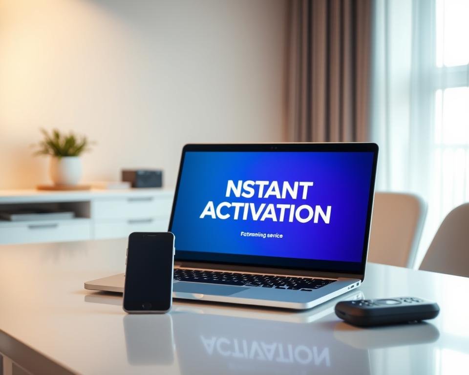 An office setting with a laptop, smartphone, and remote control prominently displayed on a sleek, modern desk. The laptop's screen shows a streaming service interface with a bold "INSTANT ACTIVATION" message, capturing the effortless setup process. Soft, diffused lighting casts a warm glow, evoking a sense of comfort and convenience. The background features minimalist decor, allowing the technology to take center stage. The overall scene conveys the simplicity and accessibility of the IPTV service, ready to be enjoyed at the user's fingertips. An office setting with a laptop, smartphone, and remote control prominently displayed on a sleek, modern desk. The laptop's screen shows a streaming service interface with a bold "INSTANT ACTIVATION" message, capturing the effortless setup process. Soft, diffused lighting casts a warm glow, evoking a sense of comfort and convenience. The background features minimalist decor, allowing the technology to take center stage. The overall scene conveys the simplicity and accessibility of the IPTV service, ready to be enjoyed at the user's fingertips.