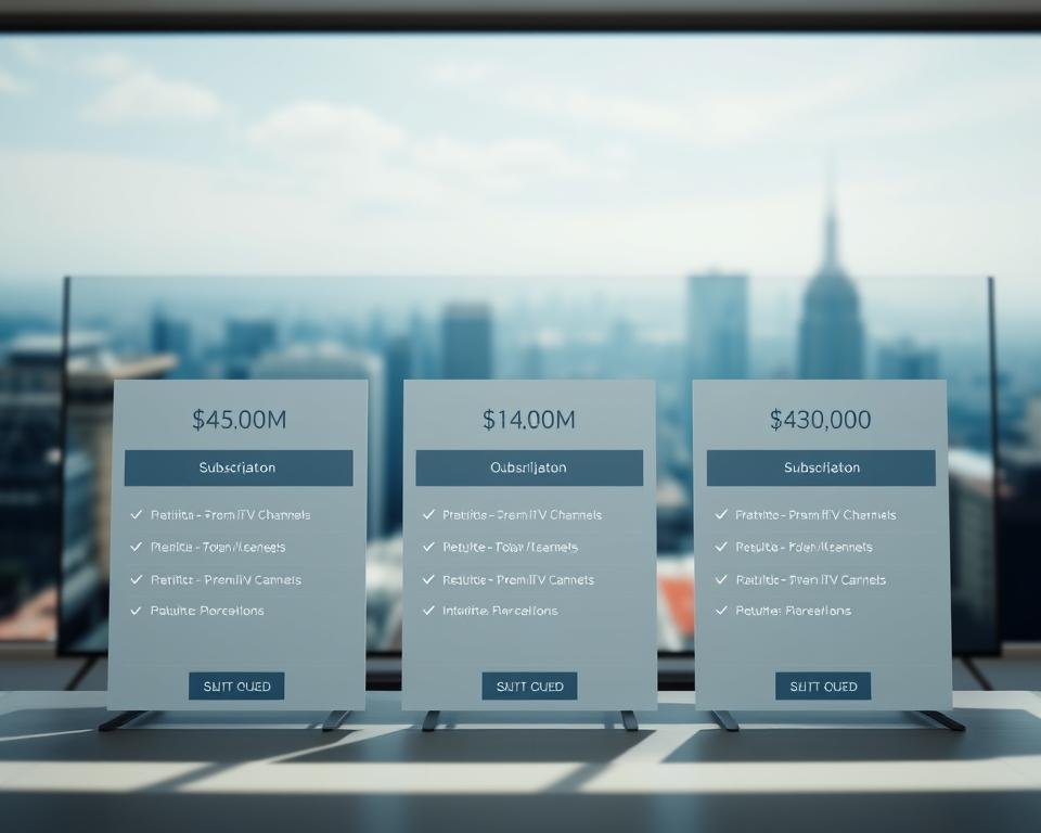 Comparison of subscription plans for a premium IPTV service, featuring a clean, modern layout with three distinct plan options displayed side-by-side. The foreground showcases the plan details in a clear, organized manner, using a minimalist aesthetic with muted colors and simple iconography. The middle ground adds a subtle grid pattern or geometric shapes to create visual interest, while the background features a blurred, soft-focus landscape or cityscape, evoking a sense of international TV channels and global connectivity. Lighting is natural and diffused, with a bright, airy ambiance. The overall composition conveys a sense of professionalism, value, and the variety of subscription offerings available.