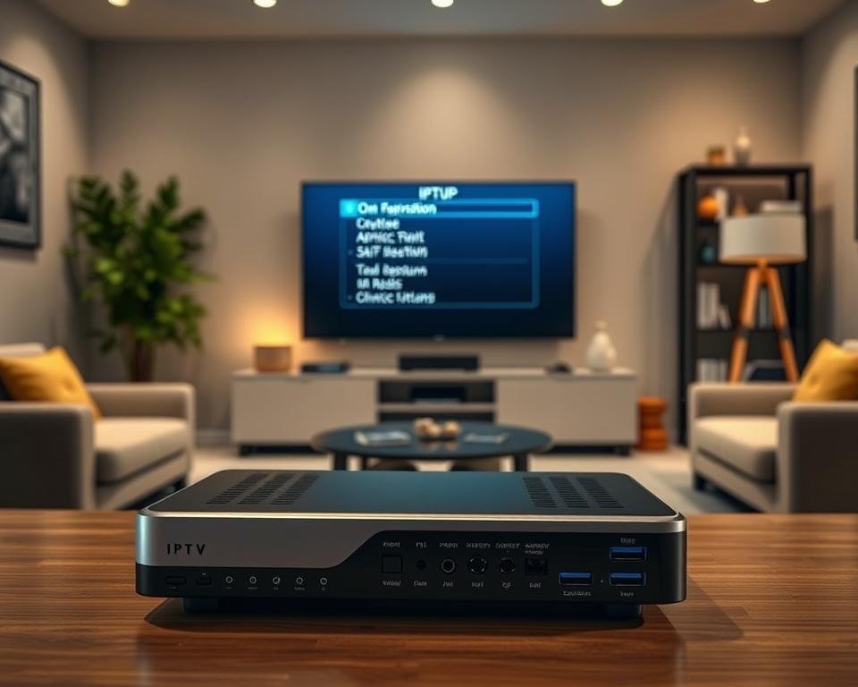 Detailed IPTV device setup guide depicting a modern living room interior. In the foreground, an IPTV box or streaming device is prominently displayed, showcasing its sleek design and various ports and connections. The middle ground features a high-definition television displaying the on-screen setup menu, guiding the user through the configuration process. The background depicts a cozy living room setting with minimalist decor, soft lighting, and a comfortable seating area, creating a welcoming atmosphere for the IPTV setup experience. The overall scene conveys a sense of ease and simplicity in getting an IPTV service up and running on various devices. Detailed IPTV device setup guide depicting a modern living room interior. In the foreground, an IPTV box or streaming device is prominently displayed, showcasing its sleek design and various ports and connections. The middle ground features a high-definition television displaying the on-screen setup menu, guiding the user through the configuration process. The background depicts a cozy living room setting with minimalist decor, soft lighting, and a comfortable seating area, creating a welcoming atmosphere for the IPTV setup experience. The overall scene conveys a sense of ease and simplicity in getting an IPTV service up and running on various devices.