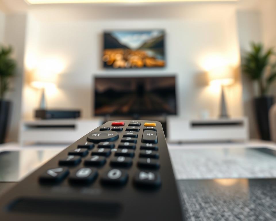 Detailed close-up view of a trustworthy IPTV service. In the foreground, a sleek, modern IPTV remote control with intuitive buttons and a minimalist design, conveying reliability and ease of use. In the middle ground, a high-quality IPTV set-top box with sharp, detailed textures and a premium finish, suggesting a robust and dependable device. The background features a clean, minimalist interior with neutral tones, highlighting the trustworthy and professional nature of the IPTV service. The lighting is soft and even, creating a calming, reassuring atmosphere. The overall composition emphasizes the seamless integration and reliable performance of the IPTV system.