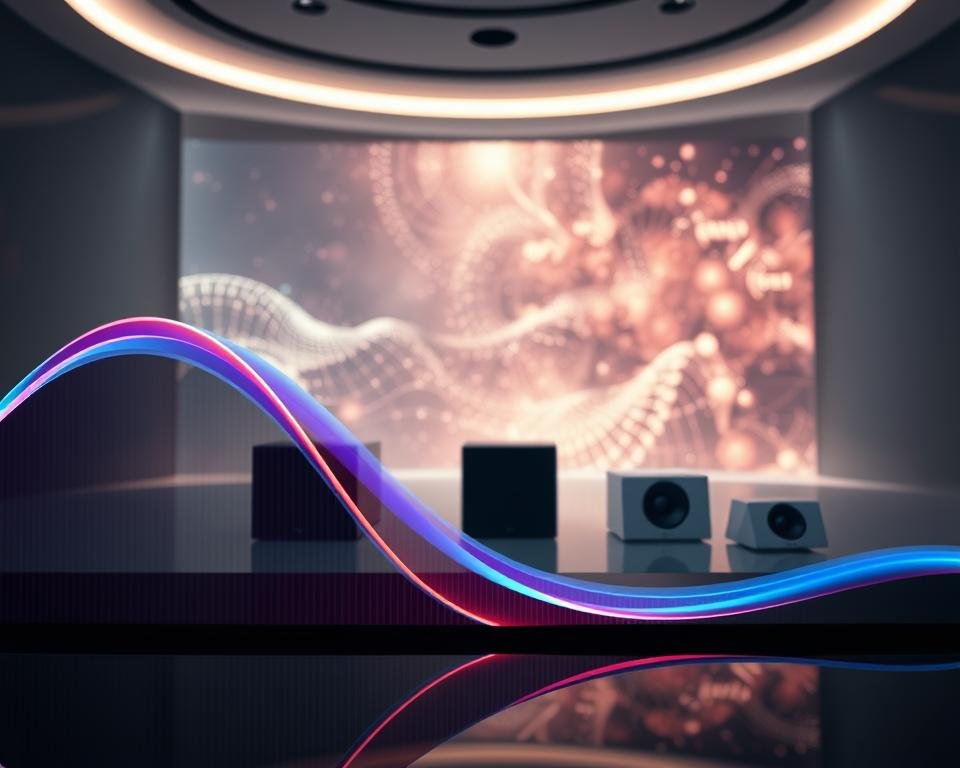 Detailed, high-definition image of Dolby Atmos sound features. A glossy, high-tech display showcases various Dolby Atmos elements in a clean, modern environment. In the foreground, a visually striking 3D waveform visualizes the spatial audio capabilities, with dynamic undulations and vibrant colors. The middle ground features sleek, angular Dolby Atmos speakers in a minimalist arrangement, bathed in soft, directional lighting that highlights their advanced design. In the background, a captivating abstract visualization of the Dolby Atmos technology, with intricate data patterns and glowing energy fields, conveying the immersive, three-dimensional audio experience.