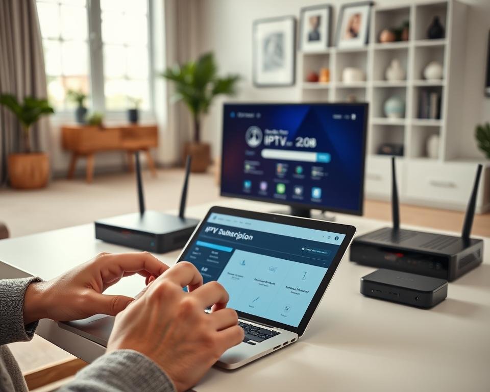 Detailed image of a modern home office setup for IPTV subscription management. In the foreground, a person's hands are shown operating a laptop or tablet, with the IPTV subscription dashboard displayed on the screen. The middle ground features various networking equipment like a router, modem, and streaming device, all neatly arranged. The background showcases a clean, minimalist home office environment with tasteful decor and ample natural lighting from a window. The overall mood is one of professionalism, efficiency, and technological sophistication, conveying the ease and reliability of setting up an IPTV subscription.