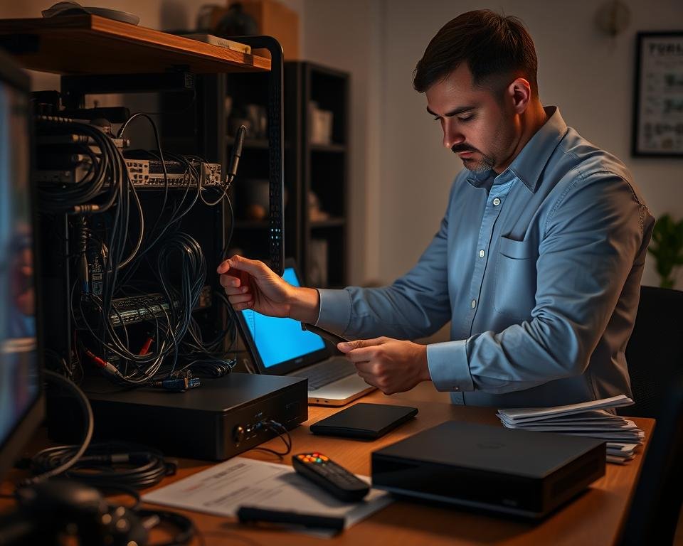 Detailed professional IPTV installation process. Technician carefully inspecting and connecting networking equipment in a modern home office. Workbench with various cables, adapters, and tools meticulously arranged. Warm lighting illuminates the scene, casting shadows that convey a sense of focused effort. Technician dressed in a crisp, collared shirt, concentrating intently on the task at hand. Neatly organized documentation and reference materials nearby. Sleek, state-of-the-art IPTV box and remote control prominently featured. Overall atmosphere radiates professionalism, expertise, and attention to detail.