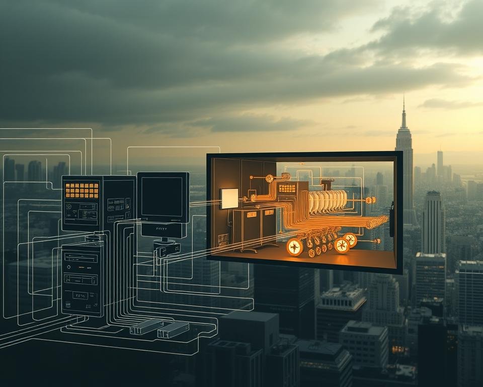 Detailed technical illustration depicting the inner workings of IPTV technology. In the foreground, a schematic diagram showcasing the core components - server, network, and client devices. In the middle ground, a cutaway view revealing the data flow and signal processing within the IPTV system. In the background, a cityscape representing the wide-reaching distribution of IPTV services. Rendered in a clean, technical style with muted colors and subtle lighting to convey a sense of precision and innovation. The overall composition should emphasize the advanced, futuristic nature of IPTV as the next generation of television viewing.