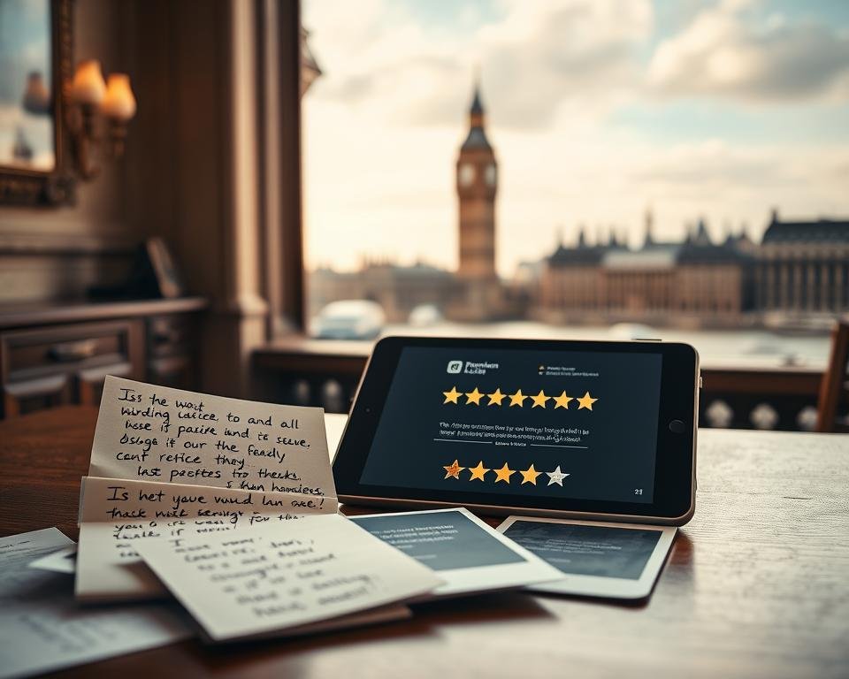Elegant customer testimonials for a premium UK streaming service, displayed on a refined wooden desk. In the foreground, authentic handwritten notes and polaroid photos, each conveying heartfelt praise. The middle ground features a sleek tablet device showcasing glowing 5-star reviews, bathed in warm, directional lighting. In the background, a softly blurred cityscape of iconic London landmarks, hinting at the global reach of this top-tier service. The overall atmosphere is one of trust, quality, and a premium user experience tailored to discerning UK viewers. Elegant customer testimonials for a premium UK streaming service, displayed on a refined wooden desk. In the foreground, authentic handwritten notes and polaroid photos, each conveying heartfelt praise. The middle ground features a sleek tablet device showcasing glowing 5-star reviews, bathed in warm, directional lighting. In the background, a softly blurred cityscape of iconic London landmarks, hinting at the global reach of this top-tier service. The overall atmosphere is one of trust, quality, and a premium user experience tailored to discerning UK viewers.