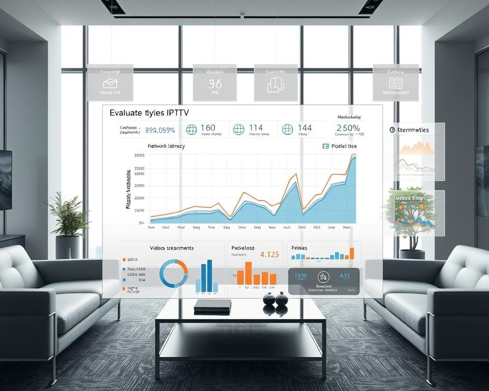 Evaluating IPTV service quality metrics: A detailed graph displaying key performance indicators such as network latency, bandwidth, packet loss, and video streaming quality. The visualization is presented against a backdrop of a modern, minimalist office setting with sleek furniture and large windows letting in natural light. The color palette is muted, with shades of gray, blue, and white predominating, creating a professional and analytical atmosphere. The composition is balanced, with the graph taking center stage and complementary UI elements like charts and data visualizations arranged neatly around it. The overall impression is one of a comprehensive, data-driven evaluation of IPTV service performance. Evaluating IPTV service quality metrics: A detailed graph displaying key performance indicators such as network latency, bandwidth, packet loss, and video streaming quality. The visualization is presented against a backdrop of a modern, minimalist office setting with sleek furniture and large windows letting in natural light. The color palette is muted, with shades of gray, blue, and white predominating, creating a professional and analytical atmosphere. The composition is balanced, with the graph taking center stage and complementary UI elements like charts and data visualizations arranged neatly around it. The overall impression is one of a comprehensive, data-driven evaluation of IPTV service performance.