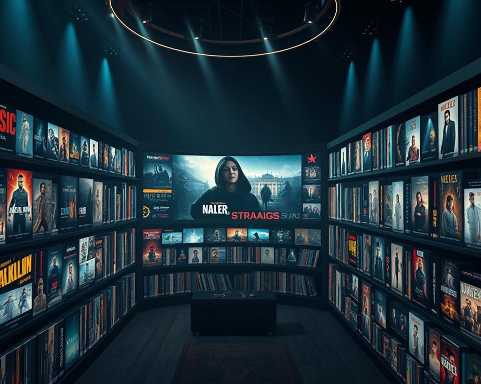 Expansive digital streaming library, showcasing a vast collection of premium entertainment. Meticulously curated, with vivid 4K visuals and immersive sound. Sleek, modern interface with intuitive navigation, inviting the viewer to explore a world of captivating content. Cinematic lighting highlights the depth and breadth of the available titles, from blockbuster films to critically acclaimed series. A subtle, elegant composition that conveys the sophistication and quality of the service, inspiring a sense of exclusivity and indulgence.