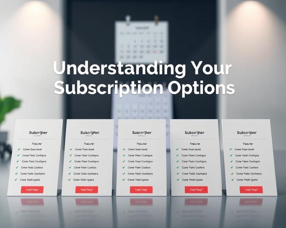 Flexible subscription options: a sleek, modern business concept. In the foreground, a minimalist layout showcases various subscription tiers, each with its own set of features and pricing. The middle ground highlights a calendar or timeline, suggesting the temporal flexibility of the plans. In the background, a soft, blurred geometric pattern or abstract illustration provides a sense of depth and a visually appealing backdrop. The overall atmosphere is one of professionalism, simplicity, and a touch of modernity, conveying the message of "Understanding Your Subscription Options" clearly and effectively. Flexible subscription options: a sleek, modern business concept. In the foreground, a minimalist layout showcases various subscription tiers, each with its own set of features and pricing. The middle ground highlights a calendar or timeline, suggesting the temporal flexibility of the plans. In the background, a soft, blurred geometric pattern or abstract illustration provides a sense of depth and a visually appealing backdrop. The overall atmosphere is one of professionalism, simplicity, and a touch of modernity, conveying the message of "Understanding Your Subscription Options" clearly and effectively.