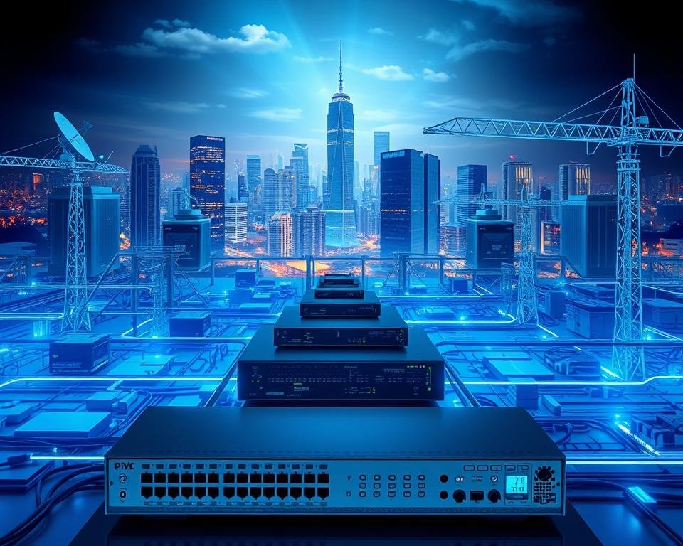 Highly detailed technical diagram depicting the core infrastructure of an IPTV system. In the foreground, a sleek network router and servers hosting IPTV content and services. In the middle ground, intricate network switches, transmission lines, and satellite dishes relaying signals. In the background, a cityscape with towering skyscrapers representing the broader internet and telecommunications backbone. The scene is illuminated by cool, blue-tinted lighting, conveying a sense of modern, cutting-edge technology. The overall composition emphasizes the complexity and interconnectedness of the IPTV delivery ecosystem.