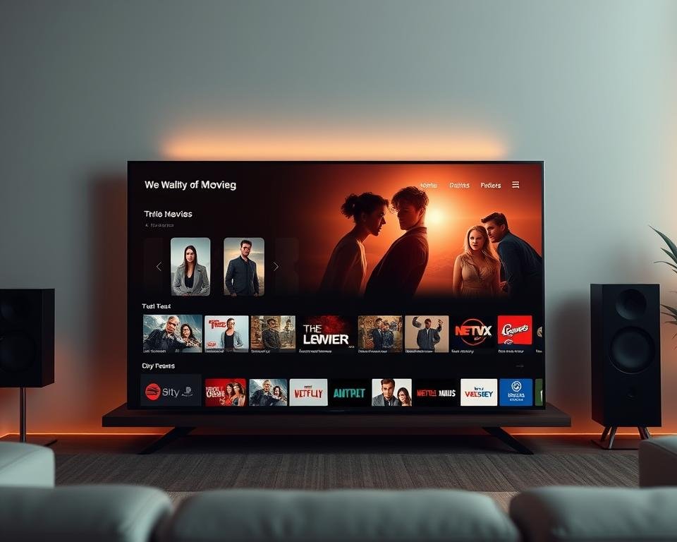 Layerseven TV streaming interface: A sleek, modern UI with a clean, minimalist design. The home screen features a large hero banner showcasing the latest TV shows and movies, with crisp 4K resolution and no buffering. Smooth transitions between sections, intuitive navigation, and a curated selection of live TV channels and on-demand content. Subtle lighting casts a warm glow, creating a cozy, immersive viewing experience. The interface is elegantly framed, hinting at a premium IPTV service tailored for the discerning UK viewer seeking reliable, high-quality entertainment.