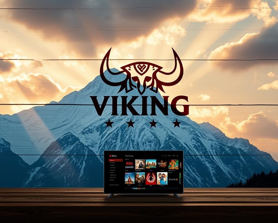 Prompt A Viking-inspired IPTV service, with a bold and intricate logo emblazoned on a weathered wooden background. In the foreground, a majestic, snow-capped mountain range cuts through the sky, hinting at the global reach of the content available. Shafts of warm, golden light filter through the clouds, casting a cozy, inviting atmosphere. In the middle ground, a sleek, modern device displays the service's intuitive interface, showcasing its extensive library of international programming. The overall composition evokes a sense of adventure, discovery, and the fusion of traditional and cutting-edge technology.