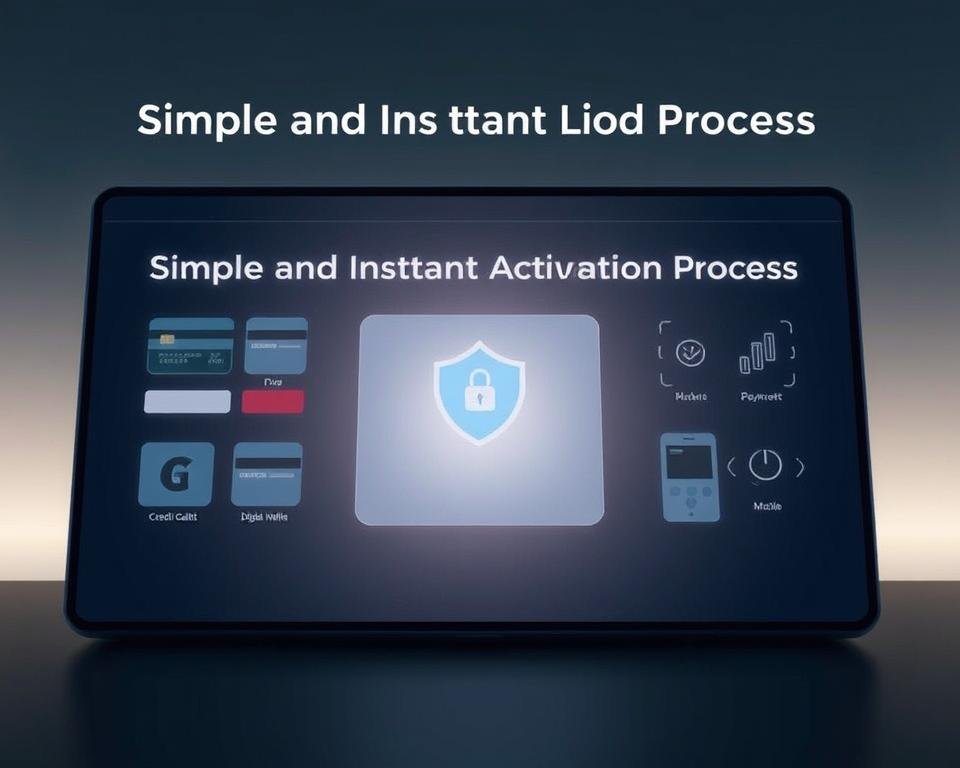 Secure payment processing methods: a sleek digital interface with minimal design, showcasing a range of secure payment options including credit/debit cards, digital wallets, and mobile payments. The scene is bathed in soft, even lighting, creating a sense of trust and reliability. The background features a subtle gradient, hinting at the digital nature of the transaction, while the foreground elements are sharp and well-defined, emphasizing the attention to detail. The overall composition is balanced and visually appealing, reflecting the straightforward and efficient nature of the "Simple and Instant Activation Process".