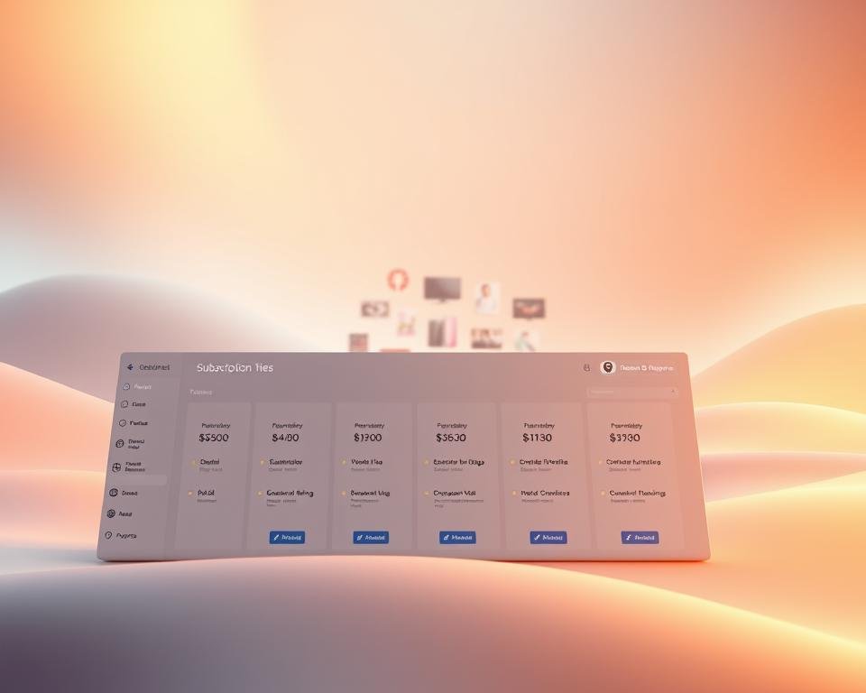 Subscription pricing models, a captivating visual landscape. In the foreground, a sleek, minimalist dashboard showcasing various subscription tiers, each with distinct features and pricing. Vibrant icons and clean typography accentuate the options. In the middle ground, a grid of devices representing the platforms where the service is accessible, conveying the versatility of the offering. The background is a soft, gradient-driven atmosphere, evoking a sense of innovation and technology. Warm, diffused lighting creates a premium, high-quality aesthetic, inviting the viewer to explore the subscription models in detail. Elegant, yet informative, this image captures the essence of the "Subscription Models and Pricing Structures" section.