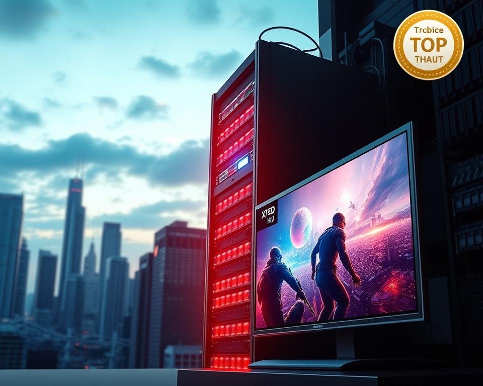 Xtreme HD IPTV: a dynamic digital landscape, with a towering server rack at the center, its LED-lit ports and cables pulsing with the energy of high-speed connectivity. In the foreground, a sleek, high-definition television displays a crisp, vibrant image, showcasing the service's exceptional visual quality. The background features a cityscape, the skyscrapers casting long shadows, hinting at the reliable and unwavering performance of the Xtreme HD IPTV service, even in the busiest of urban environments. The scene is bathed in a warm, ambient lighting, creating a sense of trust and stability, the perfect illustration of a "Top Choice for Reliability and Performance."