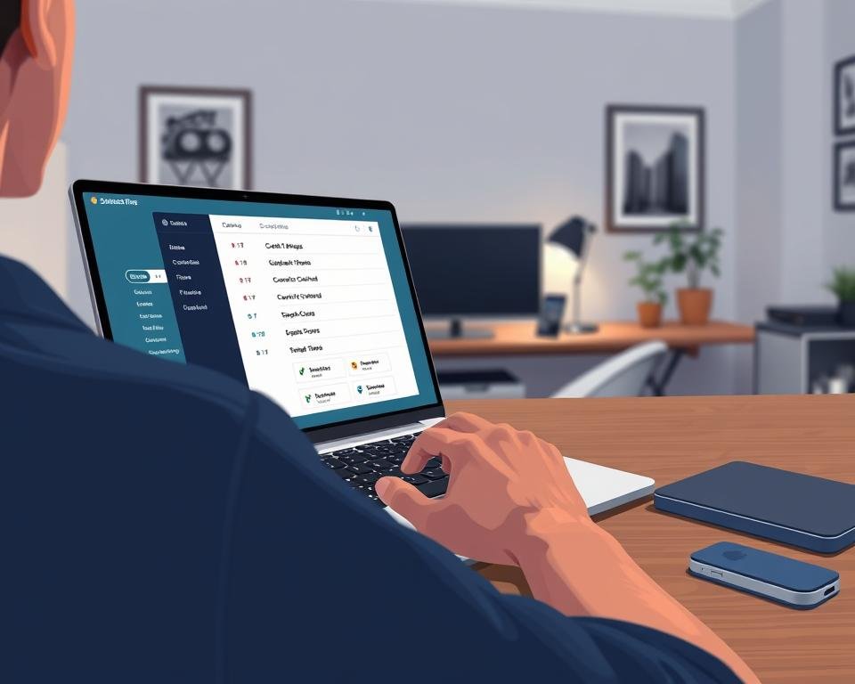 a detailed, realistic digital illustration of a person sitting at a desk, using a laptop computer to navigate through the process of subscribing to a UK live TV service. The foreground shows the person's hands interacting with the laptop screen, which displays various menus and options related to the subscription process. The middle ground features a well-organized desktop setup, including a monitor, keyboard, and other office supplies. The background depicts a modern, minimalist home office environment with tasteful decor and subtle lighting, creating a calm and professional atmosphere. The overall scene conveys a sense of ease and efficiency in navigating the UK TV subscription process.